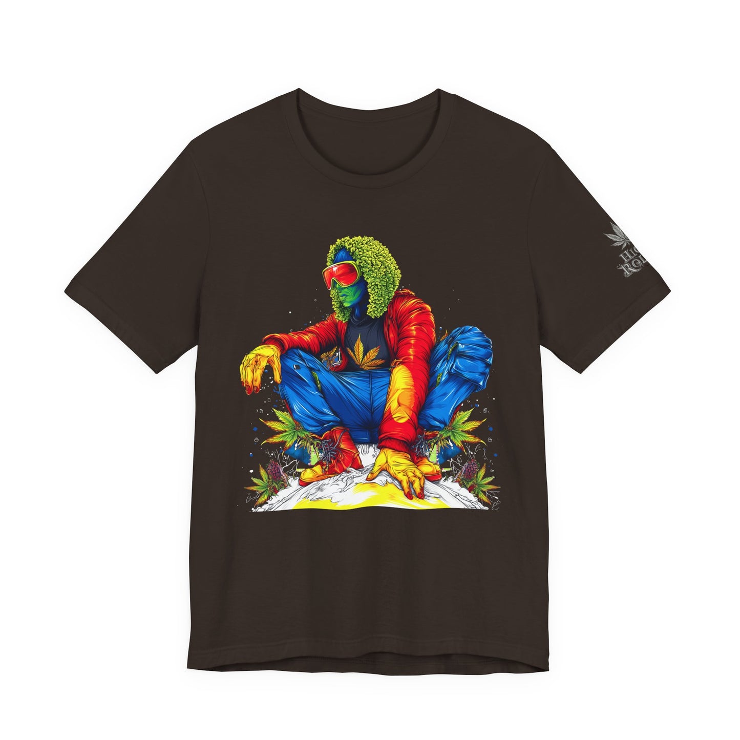 Psychedelic Chill Premium Cannabis Culture T-Shirt - Vibrant Street Art With Rainbow Color Explosion And Meditative Pose