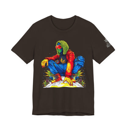 Psychedelic Chill Premium Cannabis Culture T-Shirt - Vibrant Street Art With Rainbow Color Explosion And Meditative Pose