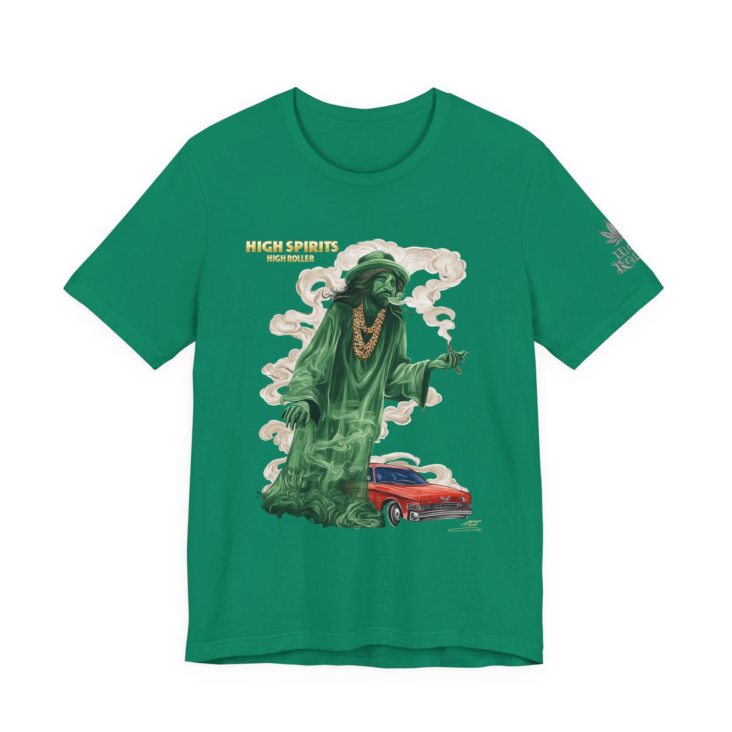 High Spirits HIGH ROLLER Halloween Cannabis Ghost T-Shirt - Premium Spectral Lowrider Phantom 420 Apparel