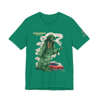 High Spirits HIGH ROLLER Halloween Cannabis Ghost T-Shirt - Premium Spectral Lowrider Phantom 420 Apparel