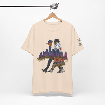 High Roller Urban Legends Cannabis T-Shirt - Premium 420 City Skyline Street Culture Double Exposure Apparel