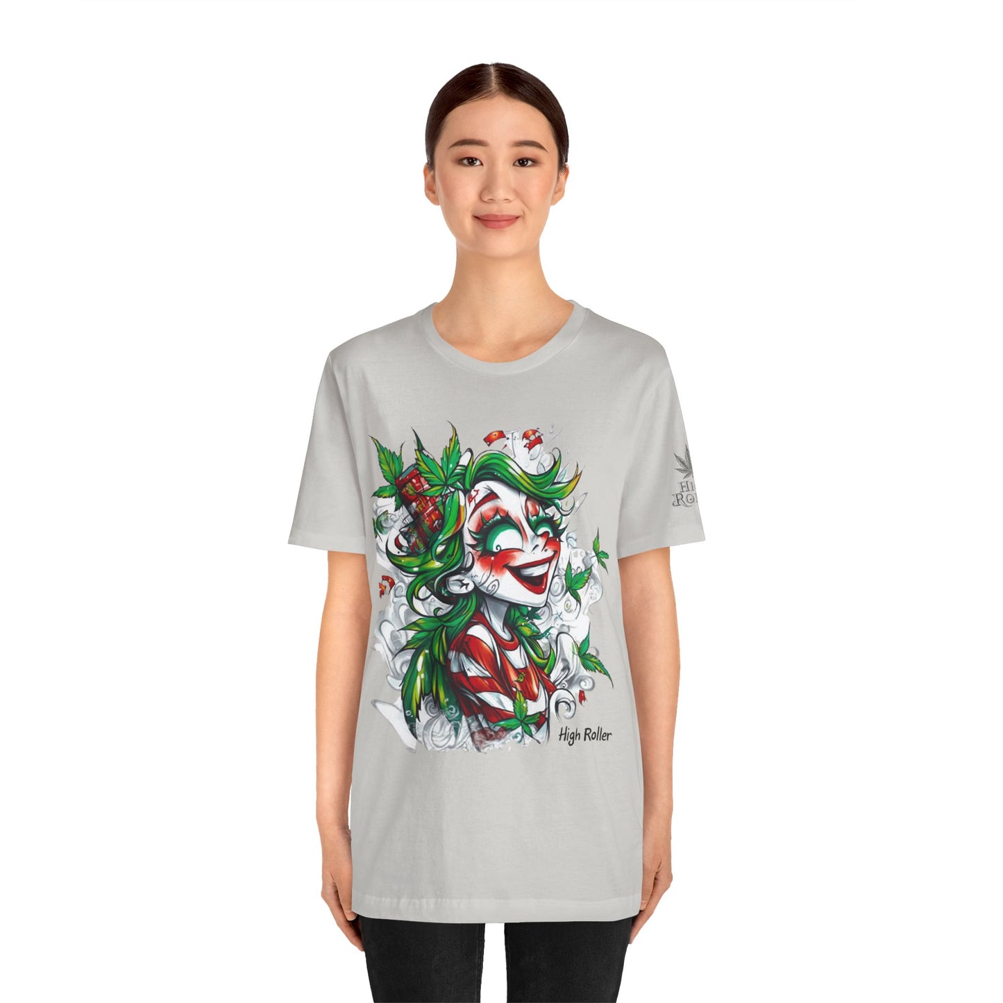 High Roller Jester Queen Cannabis T-Shirt - Premium 420 Harlequin Beauty Holiday Celebration Apparel