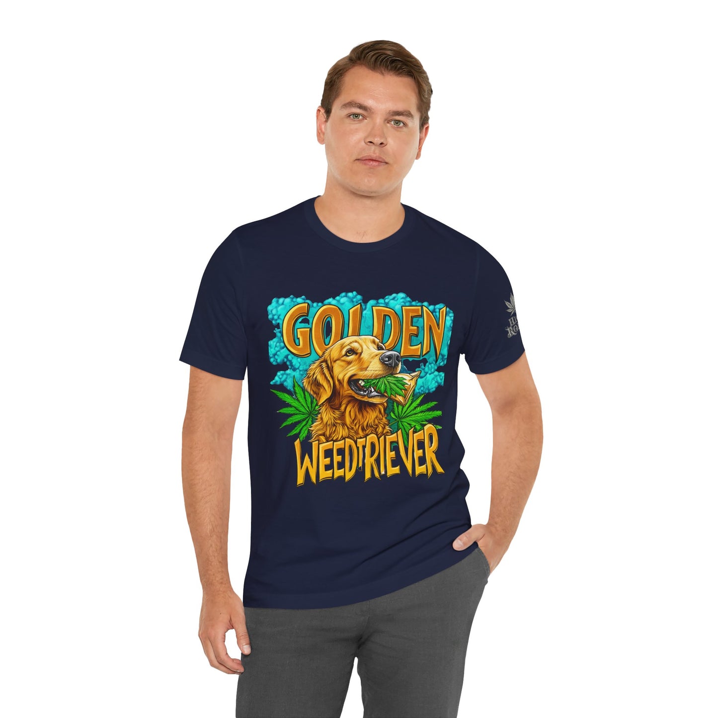High Roller Golden Weedtriever Cannabis T-Shirt - Premium 420 Dog Lover Humor Golden Retriever Pun Comedy Pet Culture Apparel