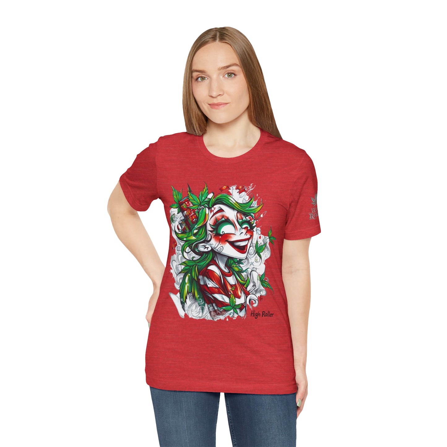 High Roller Jester Queen Cannabis T-Shirt - Premium 420 Harlequin Beauty Holiday Celebration Apparel