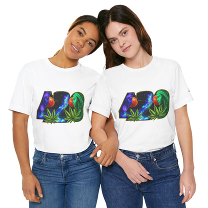 420 Cosmic Connection Premium Cannabis Culture T-Shirt - Bold Typography With Celestial Profiles And Luminous Cannabis Leaf Design