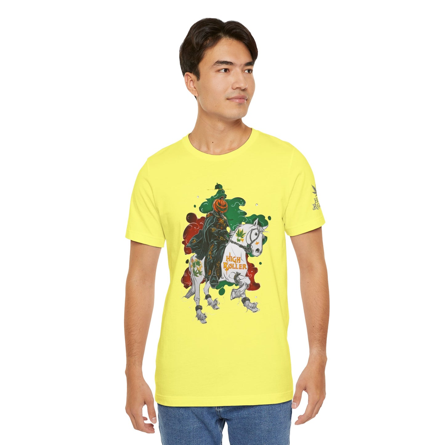 Headless Horseman HIGH ROLLER Halloween Cannabis T-Shirt - Premium Pumpkin Rider Skeletal Steed 420 Apparel