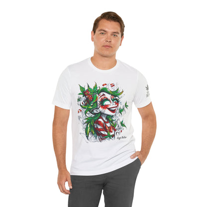 High Roller Jester Queen Cannabis T-Shirt - Premium 420 Harlequin Beauty Holiday Celebration Apparel
