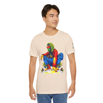Psychedelic Chill Premium Cannabis Culture T-Shirt - Vibrant Street Art With Rainbow Color Explosion And Meditative Pose