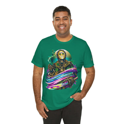 Psychedelic Jason Swoosh Cannabis T-Shirt - Premium Horror 420 Orange Edition Apparel