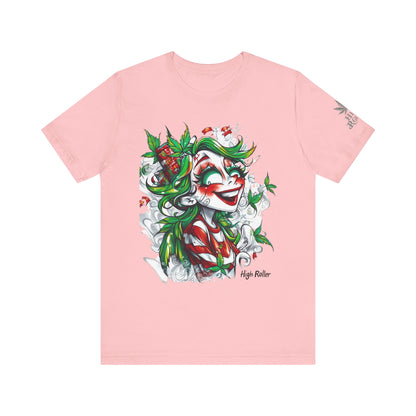High Roller Jester Queen Cannabis T-Shirt - Premium 420 Harlequin Beauty Holiday Celebration Apparel