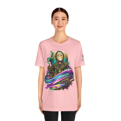 Psychedelic Jason Swoosh Cannabis T-Shirt - Premium Horror 420 Orange Edition Apparel