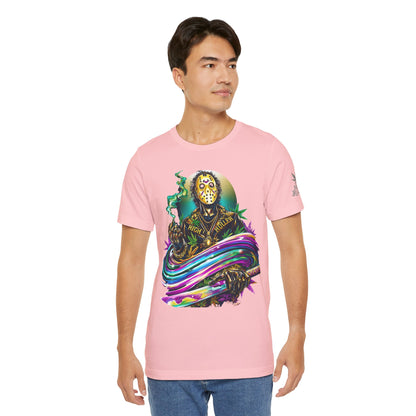 Psychedelic Jason Swoosh Cannabis T-Shirt - Premium Horror 420 Orange Edition Apparel