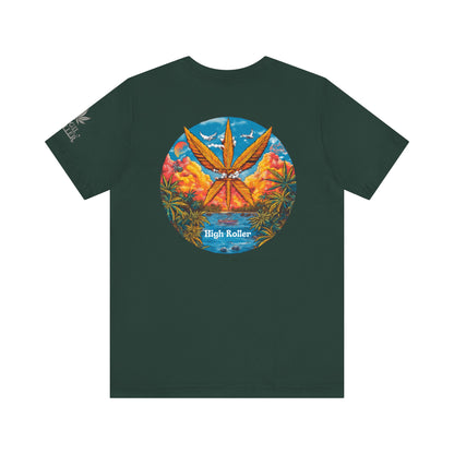 Cannabis Paradise Circle Tee - Tropical Sunset Art Design | High Roller