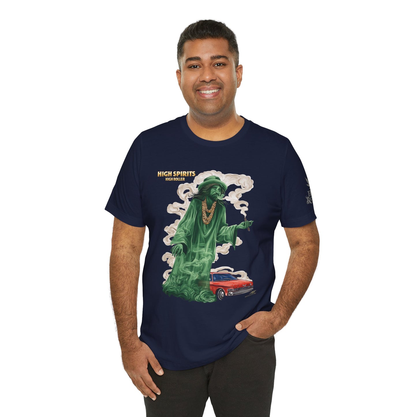 High Spirits HIGH ROLLER Halloween Cannabis Ghost T-Shirt - Premium Spectral Lowrider Phantom 420 Apparel