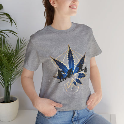 Sacred Geometry Snowboard Premium Cannabis Culture T-Shirt - Emerald Green Tee With Action Sports And Crystalline Cannabis Geometric Mandala