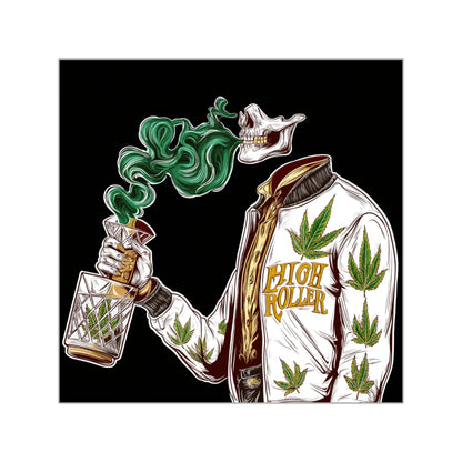Skeleton Smoking Cannabis Crystal Decanter Sticker - Luxury Death Gothic Weed Art - HIGH ROLLER Premium 3x3 Vinyl
