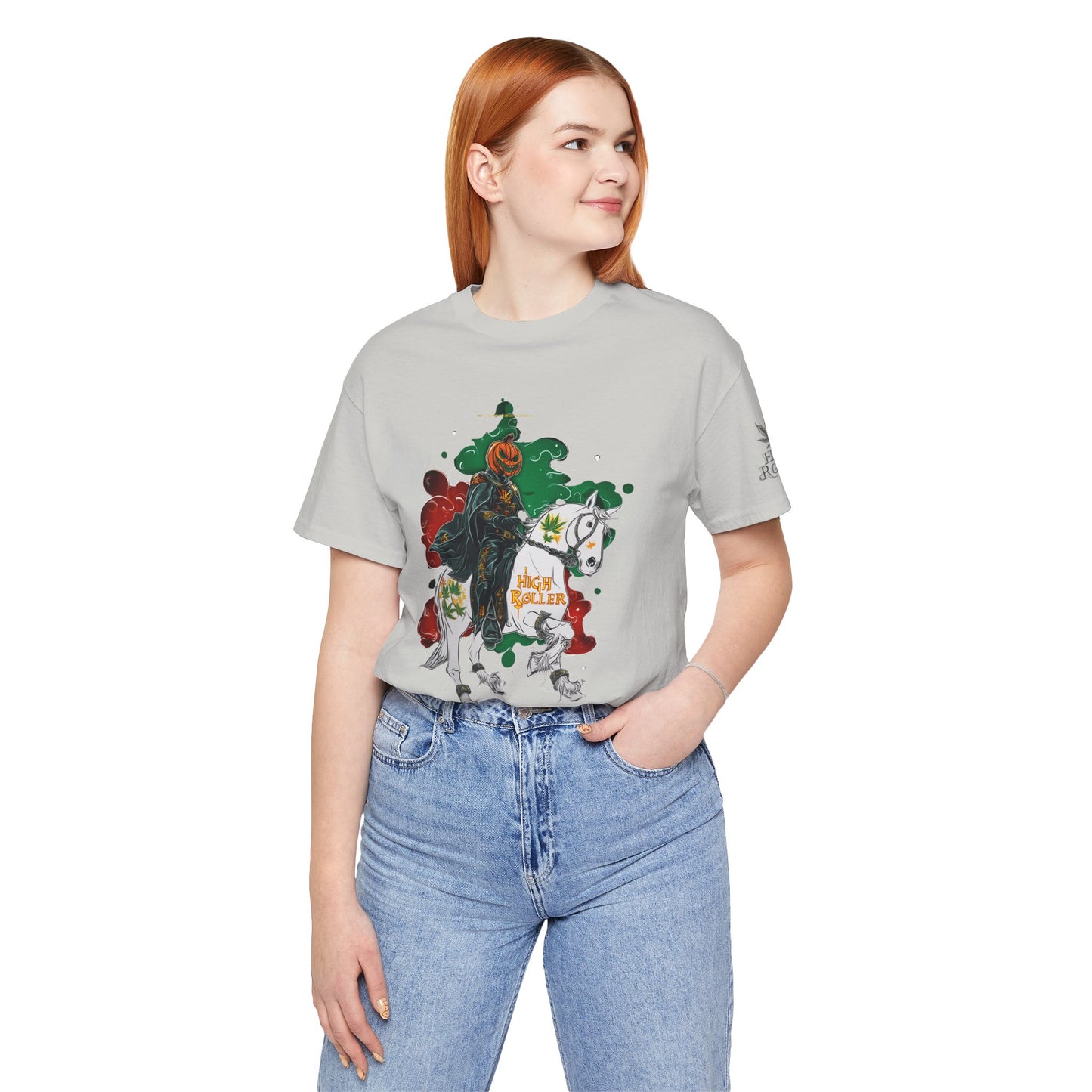 Headless Horseman HIGH ROLLER Halloween Cannabis T-Shirt - Premium Pumpkin Rider Skeletal Steed 420 Apparel