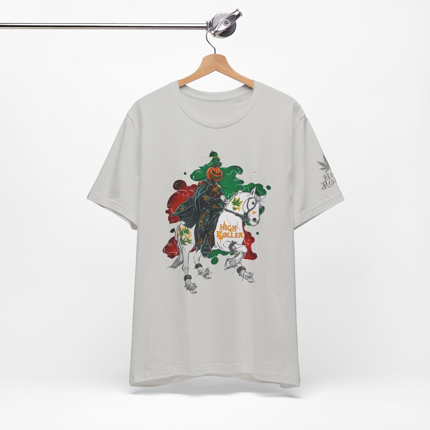 Headless Horseman HIGH ROLLER Halloween Cannabis T-Shirt - Premium Pumpkin Rider Skeletal Steed 420 Apparel