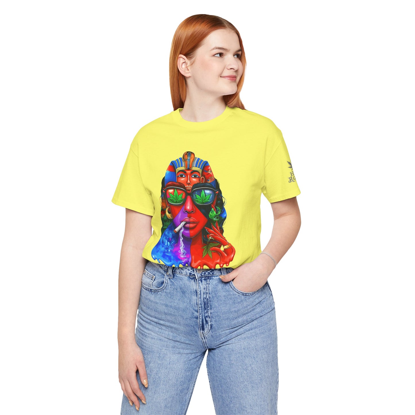 Pharaoh Vision Premium Cannabis Culture T-Shirt - Ancient Egyptian Royalty With Modern Cannabis Celebration And Psychedelic Split-Face Art