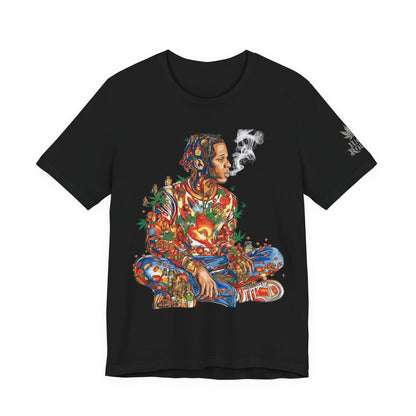High Roller Meditation Mosaic Cannabis T-Shirt - Premium 420 Hip-Hop Zen Cross-Legged Street Culture Artistic Collage Apparel