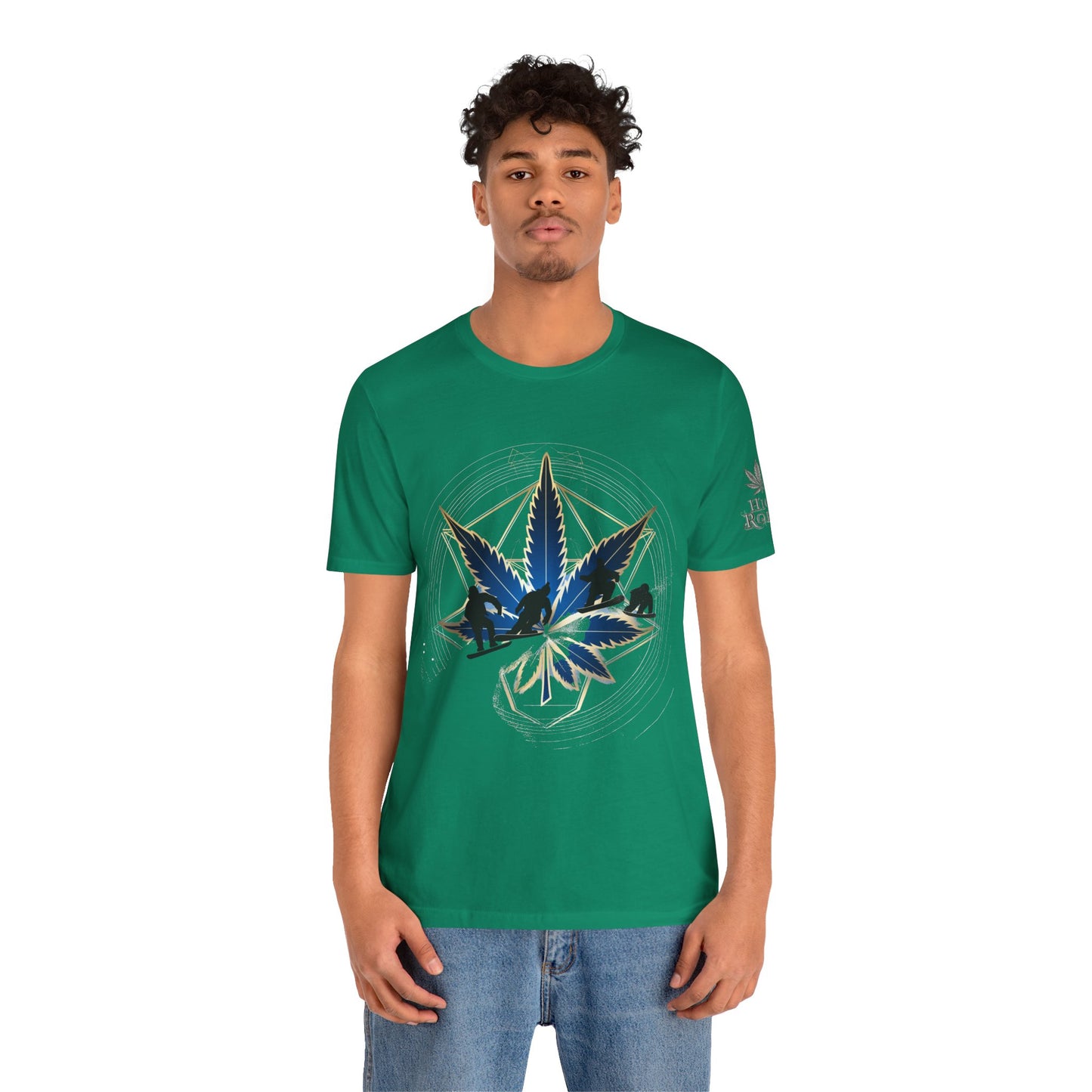 Sacred Geometry Snowboard Premium Cannabis Culture T-Shirt - Emerald Green Tee With Action Sports And Crystalline Cannabis Geometric Mandala