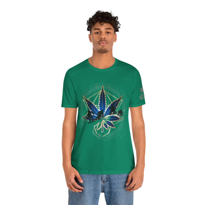 Sacred Geometry Snowboard Premium Cannabis Culture T-Shirt - Emerald Green Tee With Action Sports And Crystalline Cannabis Geometric Mandala