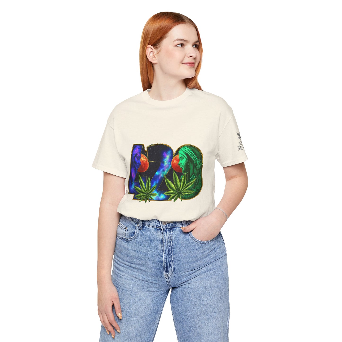 420 Cosmic Connection Premium Cannabis Culture T-Shirt - Bold Typography With Celestial Profiles And Luminous Cannabis Leaf Design
