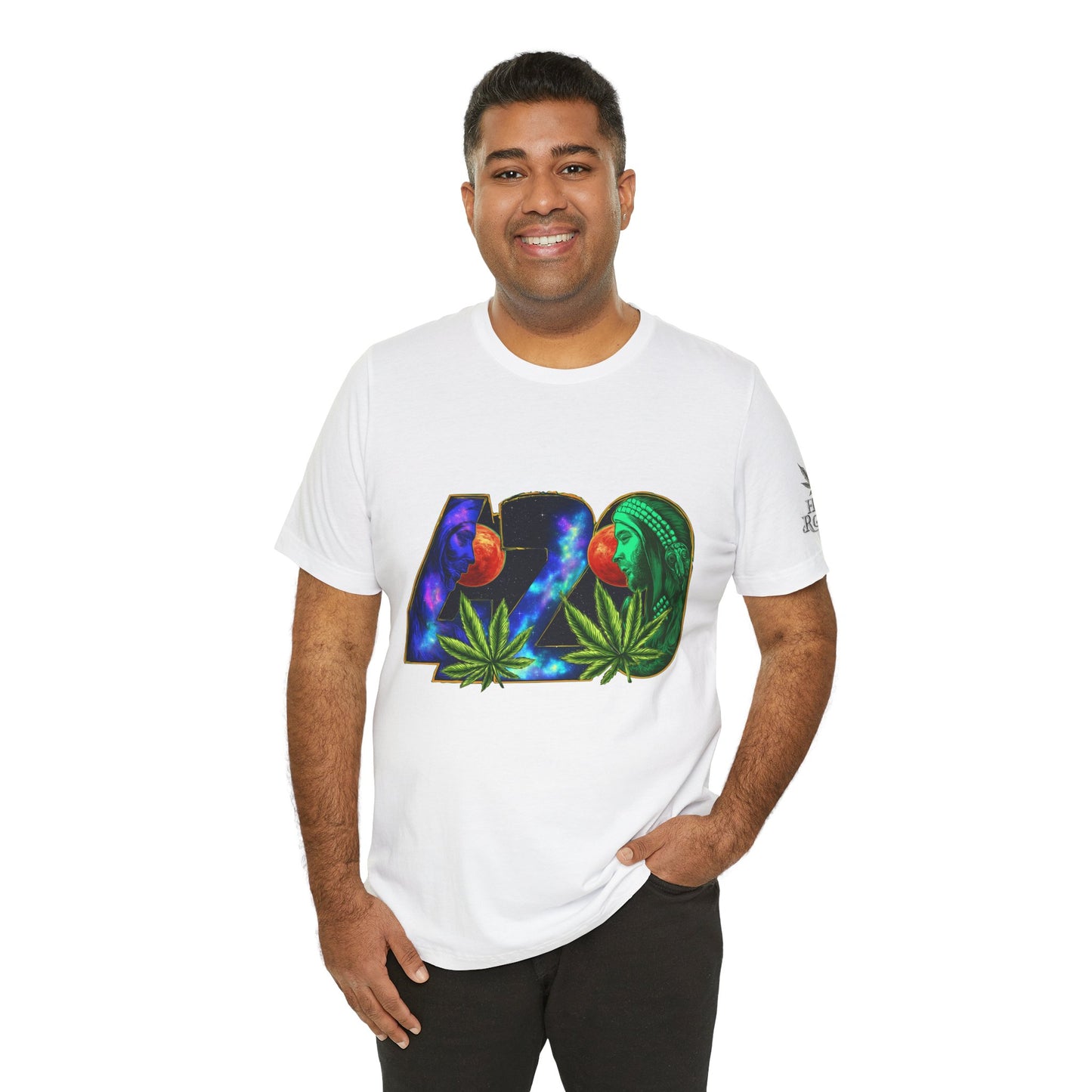 420 Cosmic Connection Premium Cannabis Culture T-Shirt - Bold Typography With Celestial Profiles And Luminous Cannabis Leaf Design