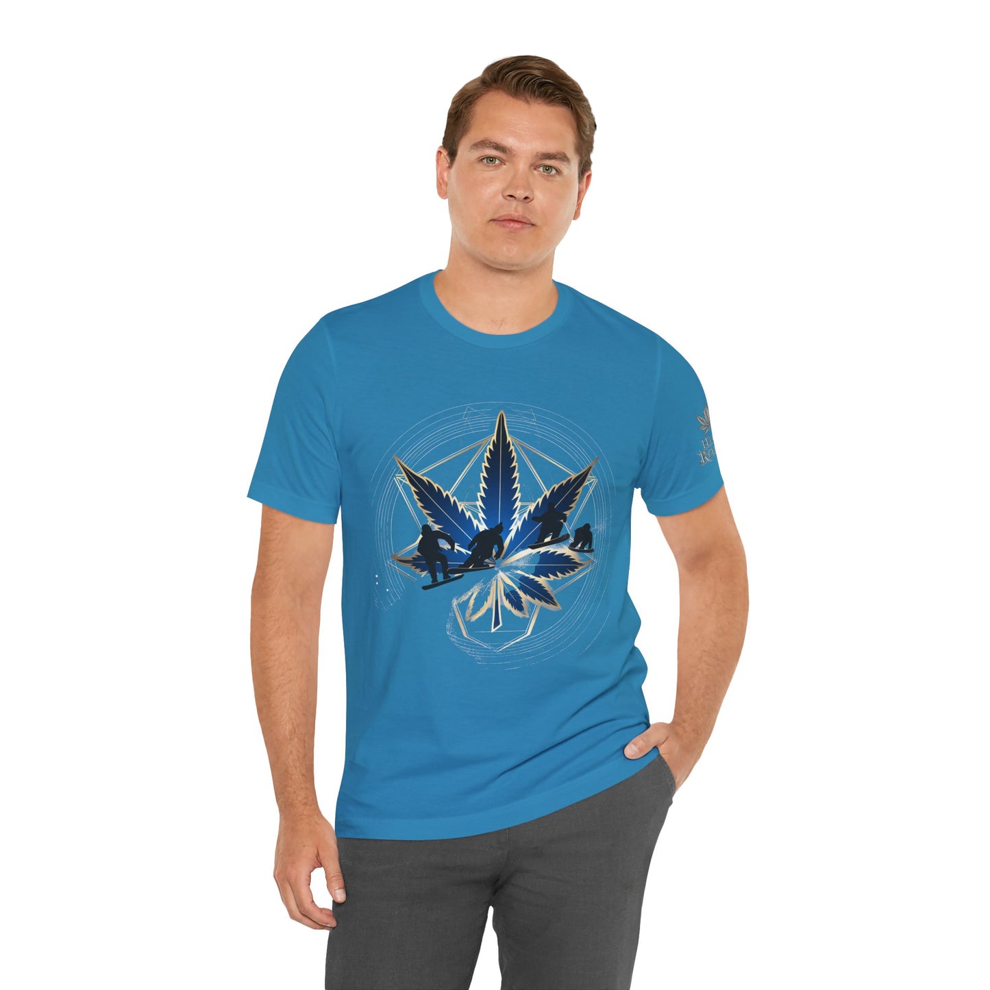 Sacred Geometry Snowboard Premium Cannabis Culture T-Shirt - Emerald Green Tee With Action Sports And Crystalline Cannabis Geometric Mandala