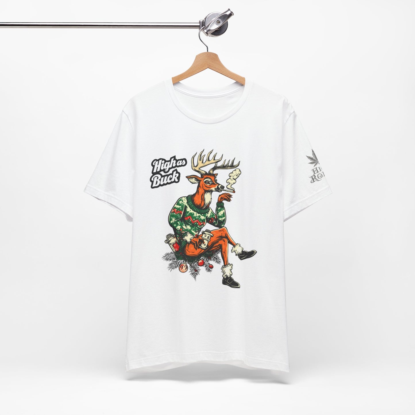 High as Buck T-Shirt - Premium Airlume Cotton Cannabis Christmas Deer Holiday Tee