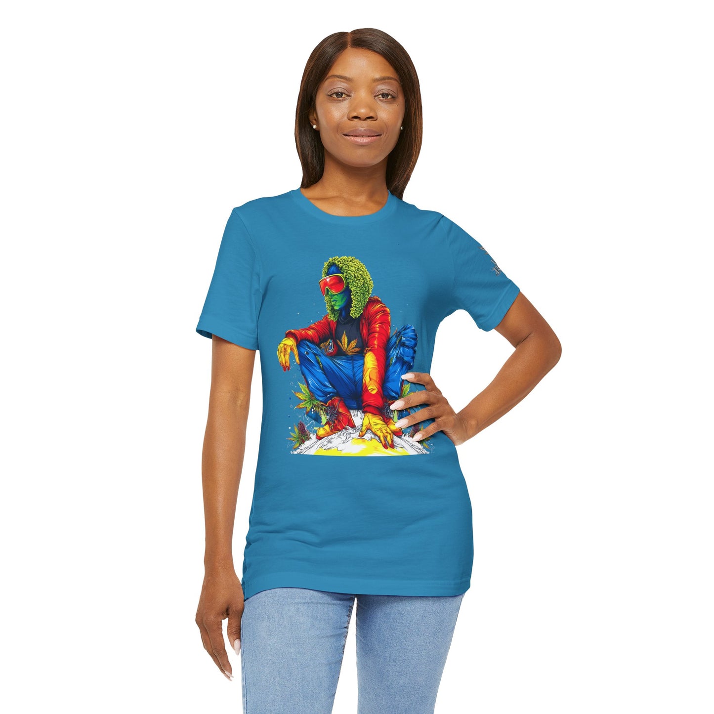 Psychedelic Chill Premium Cannabis Culture T-Shirt - Vibrant Street Art With Rainbow Color Explosion And Meditative Pose