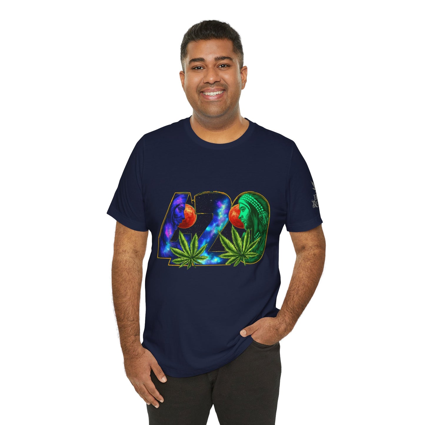 420 Cosmic Connection Premium Cannabis Culture T-Shirt - Bold Typography With Celestial Profiles And Luminous Cannabis Leaf Design