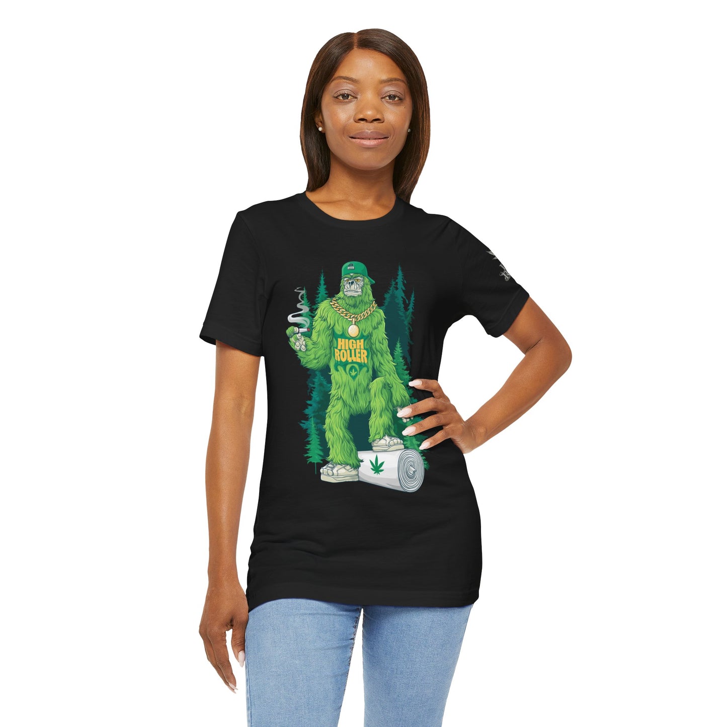 Bigfoot HIGH ROLLER Halloween Cannabis Forest T-Shirt - Premium Sasquatch Lifestyle Legend 420 Apparel