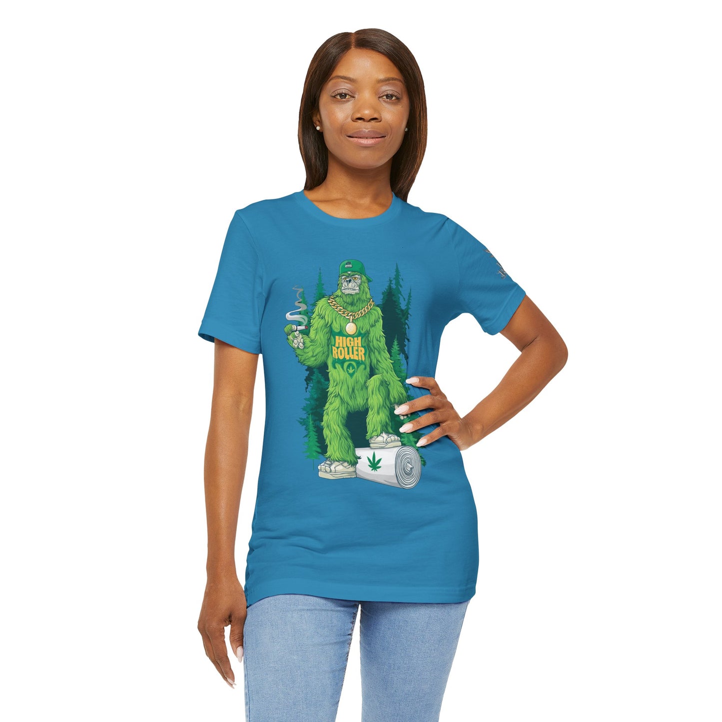 Bigfoot HIGH ROLLER Halloween Cannabis Forest T-Shirt - Premium Sasquatch Lifestyle Legend 420 Apparel