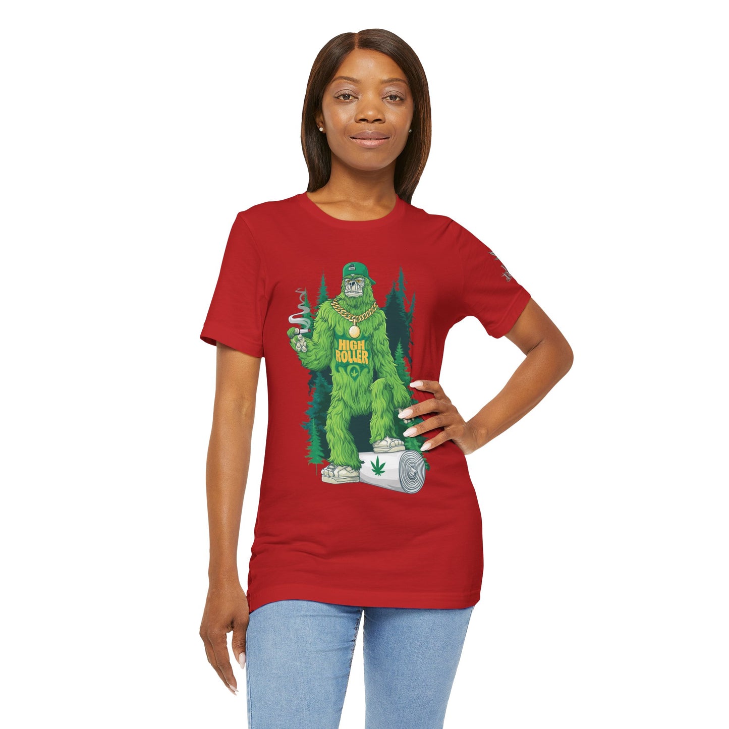Bigfoot HIGH ROLLER Halloween Cannabis Forest T-Shirt - Premium Sasquatch Lifestyle Legend 420 Apparel