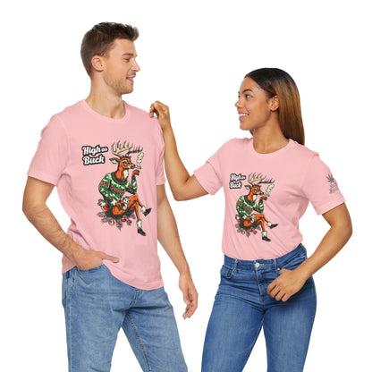 High as Buck T-Shirt - Premium Airlume Cotton Cannabis Christmas Deer Holiday Tee