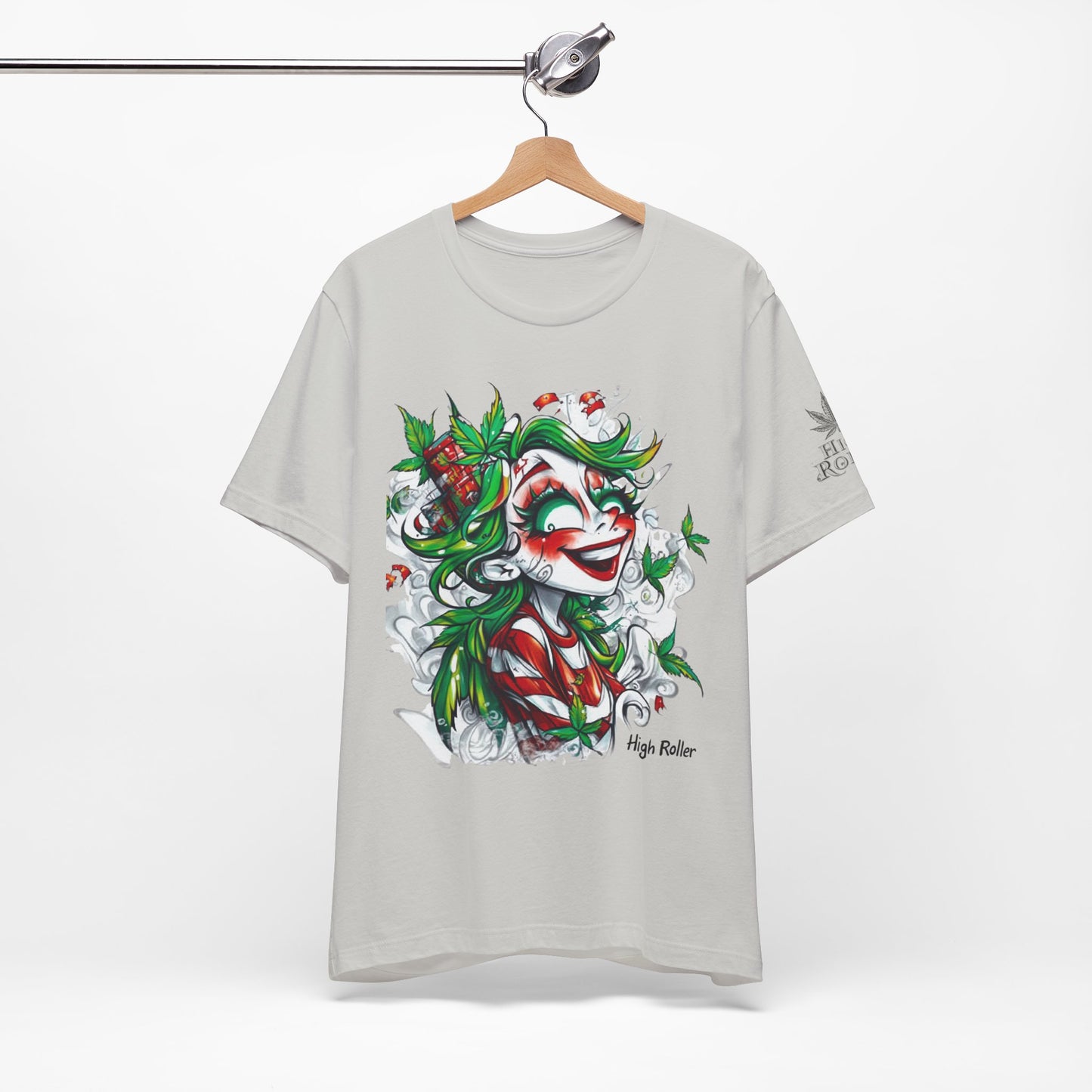 High Roller Jester Queen Cannabis T-Shirt - Premium 420 Harlequin Beauty Holiday Celebration Apparel