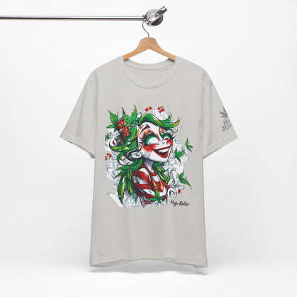 High Roller Jester Queen Cannabis T-Shirt - Premium 420 Harlequin Beauty Holiday Celebration Apparel