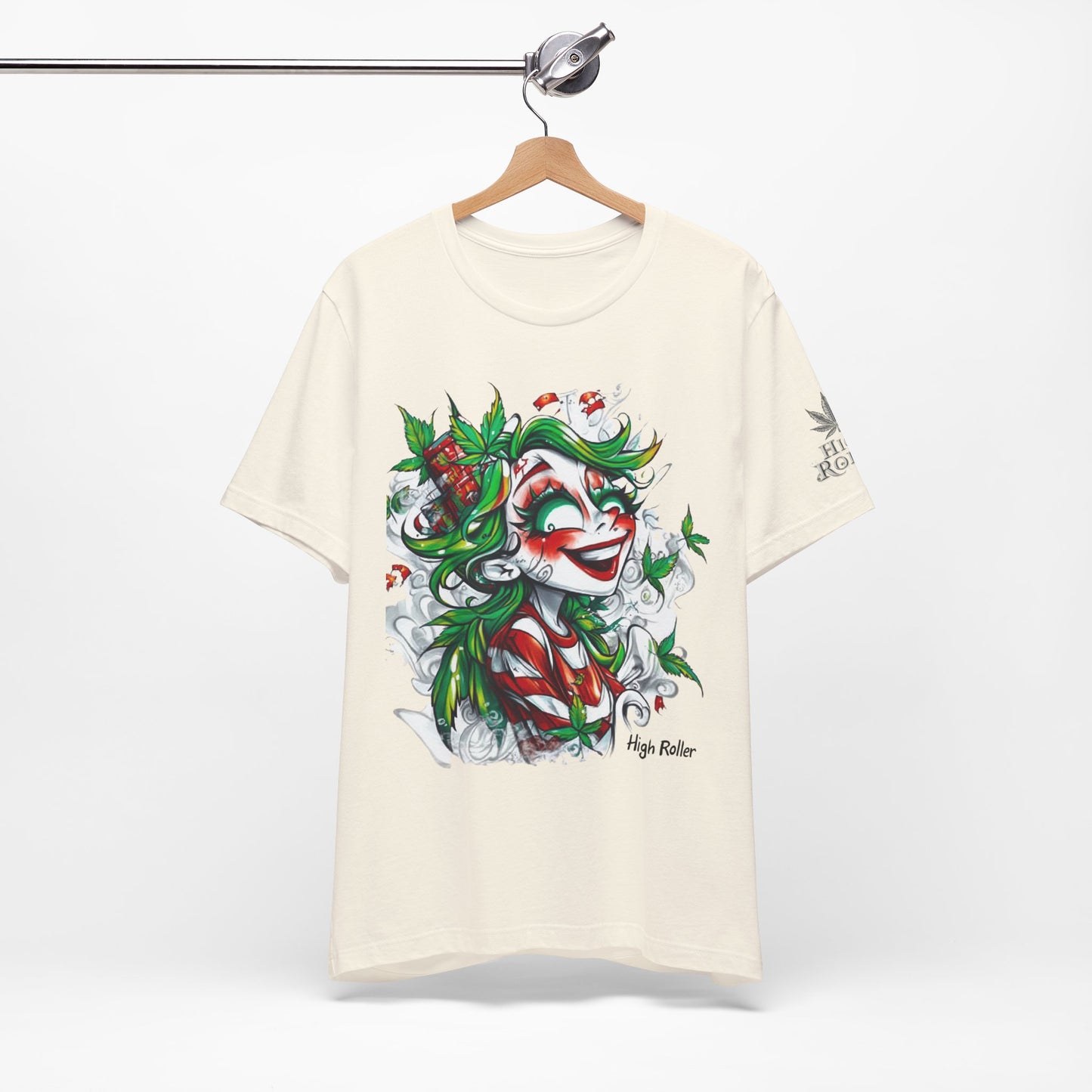 High Roller Jester Queen Cannabis T-Shirt - Premium 420 Harlequin Beauty Holiday Celebration Apparel
