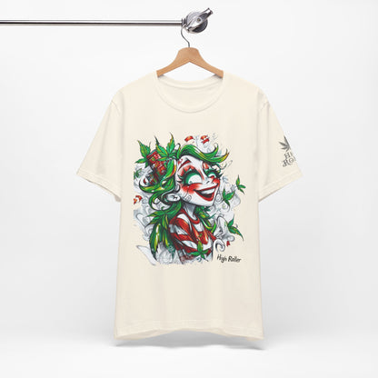 High Roller Jester Queen Cannabis T-Shirt - Premium 420 Harlequin Beauty Holiday Celebration Apparel