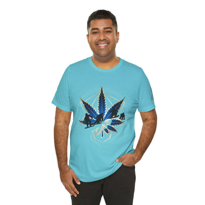 Sacred Geometry Snowboard Premium Cannabis Culture T-Shirt - Emerald Green Tee With Action Sports And Crystalline Cannabis Geometric Mandala
