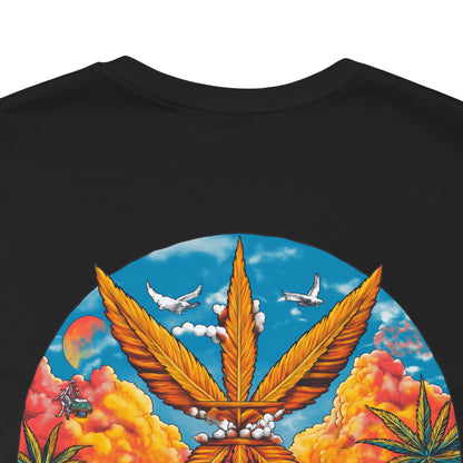 Cannabis Paradise Circle Tee - Tropical Sunset Art Design | High Roller