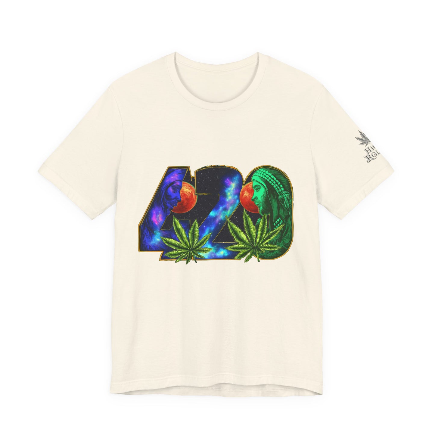 420 Cosmic Connection Premium Cannabis Culture T-Shirt - Bold Typography With Celestial Profiles And Luminous Cannabis Leaf Design