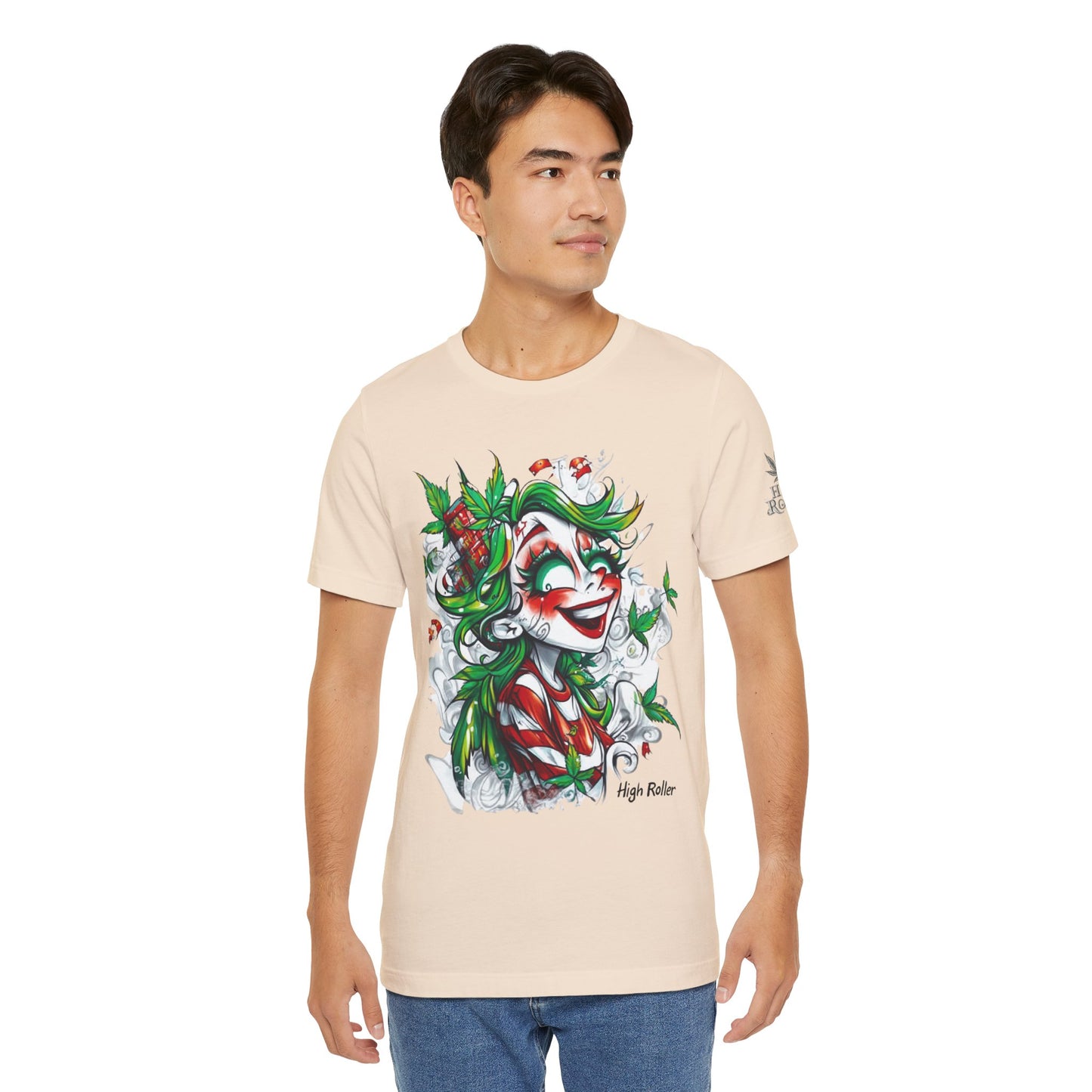 High Roller Jester Queen Cannabis T-Shirt - Premium 420 Harlequin Beauty Holiday Celebration Apparel