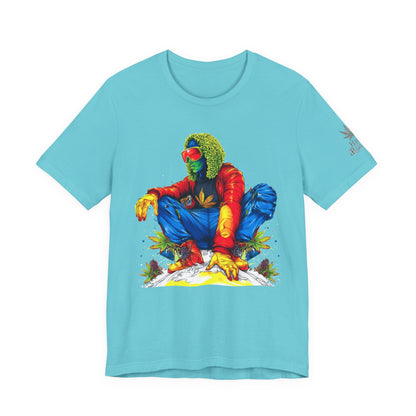 Psychedelic Chill Premium Cannabis Culture T-Shirt - Vibrant Street Art With Rainbow Color Explosion And Meditative Pose