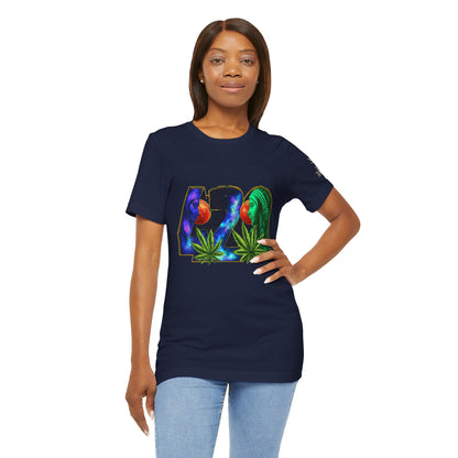 420 Cosmic Connection Premium Cannabis Culture T-Shirt - Bold Typography With Celestial Profiles And Luminous Cannabis Leaf Design
