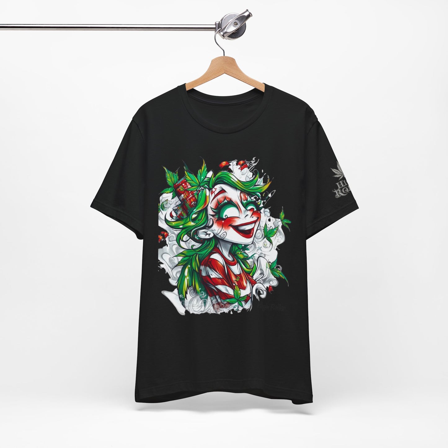 High Roller Jester Queen Cannabis T-Shirt - Premium 420 Harlequin Beauty Holiday Celebration Apparel