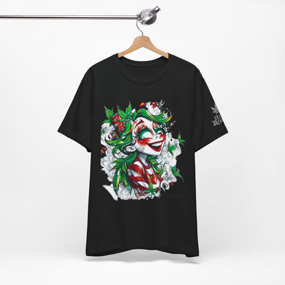 High Roller Jester Queen Cannabis T-Shirt - Premium 420 Harlequin Beauty Holiday Celebration Apparel
