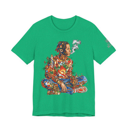 High Roller Meditation Mosaic Cannabis T-Shirt - Premium 420 Hip-Hop Zen Cross-Legged Street Culture Artistic Collage Apparel