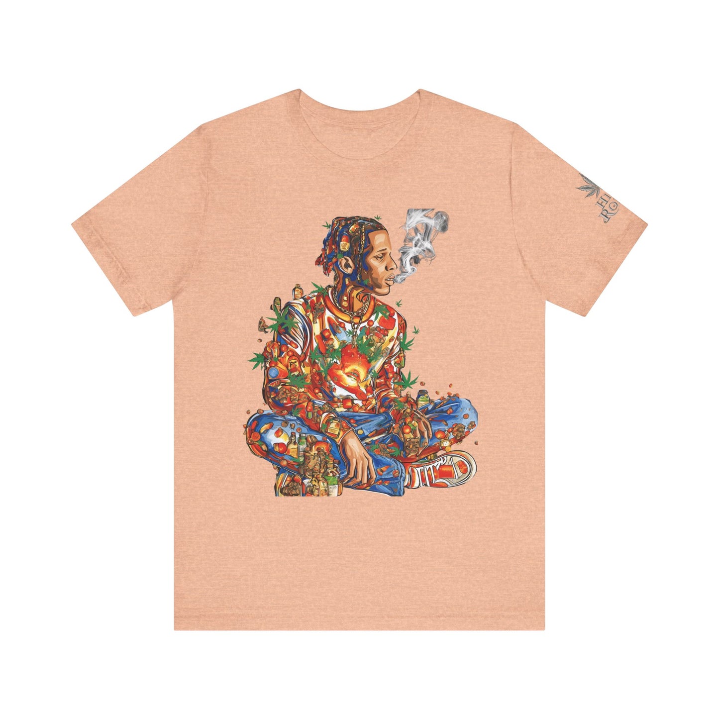 High Roller Meditation Mosaic Cannabis T-Shirt - Premium 420 Hip-Hop Zen Cross-Legged Street Culture Artistic Collage Apparel